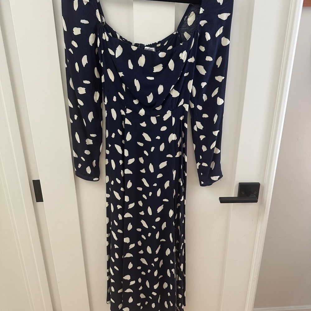 Reformation Navy and White Long Sleeve Midi Dress